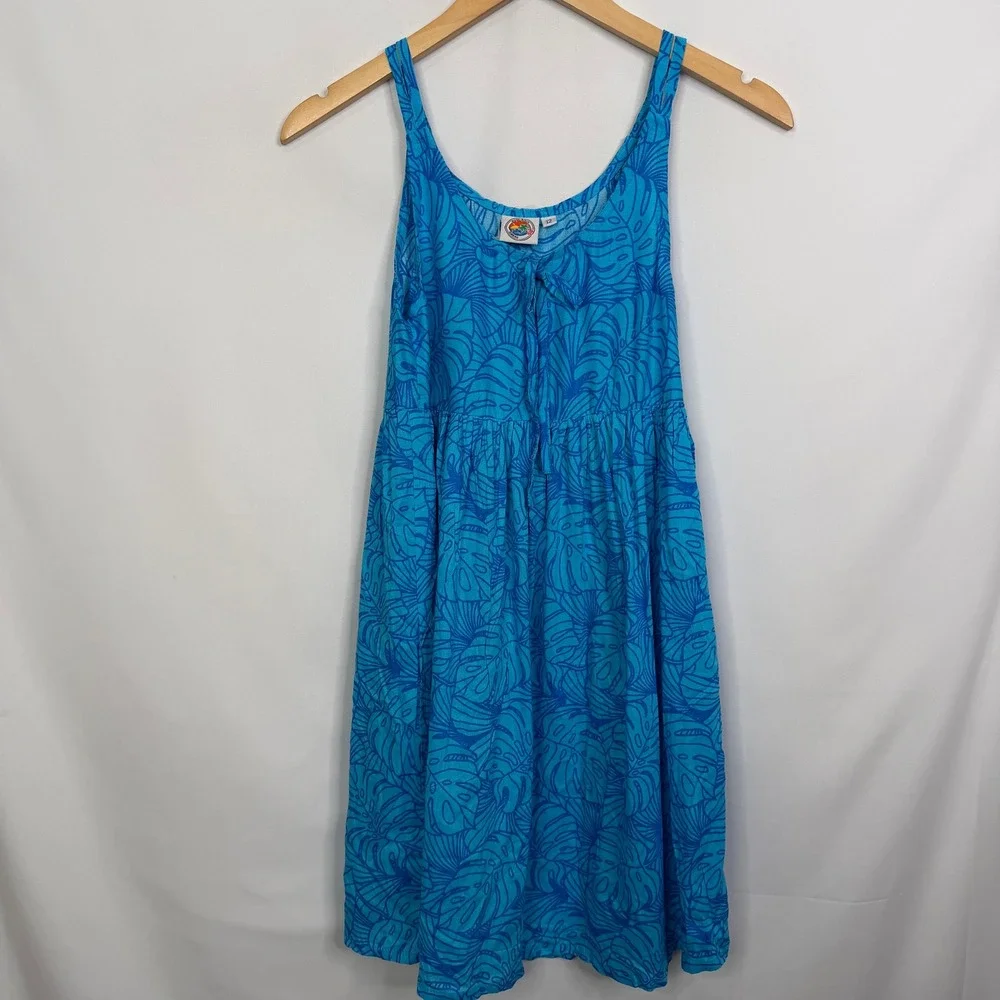 Makai Beach Hawaii Girls Blue Tropical Monstera Leaf Print Sun Dress Size 12